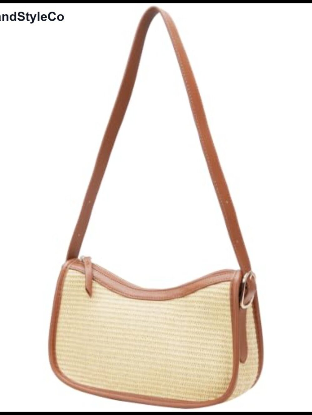 Small Vegan Leather Crescent Shoulder Bag Woven Straw Look